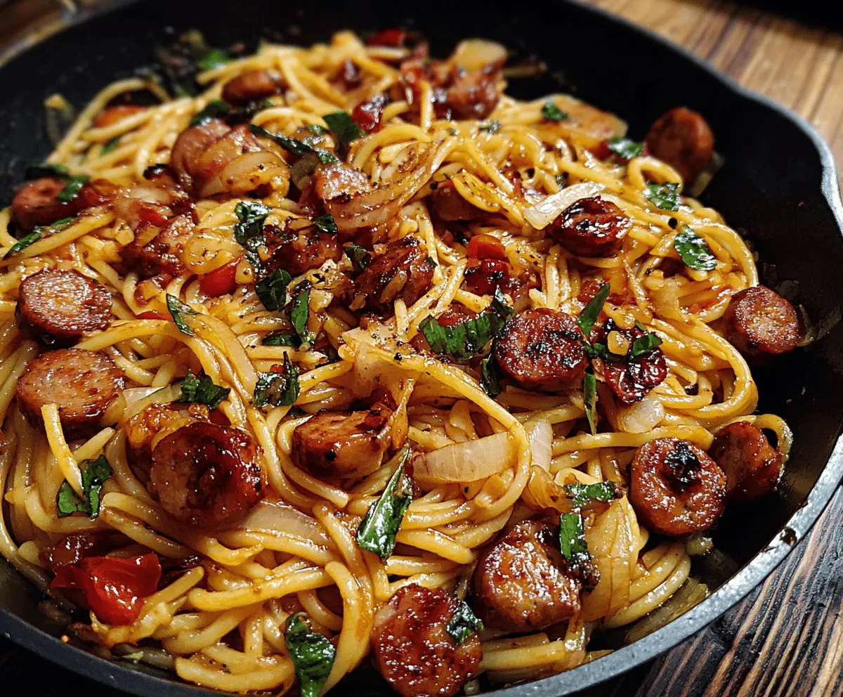 Sticky Honey Garlic Sausage Pasta Skillet Recipe