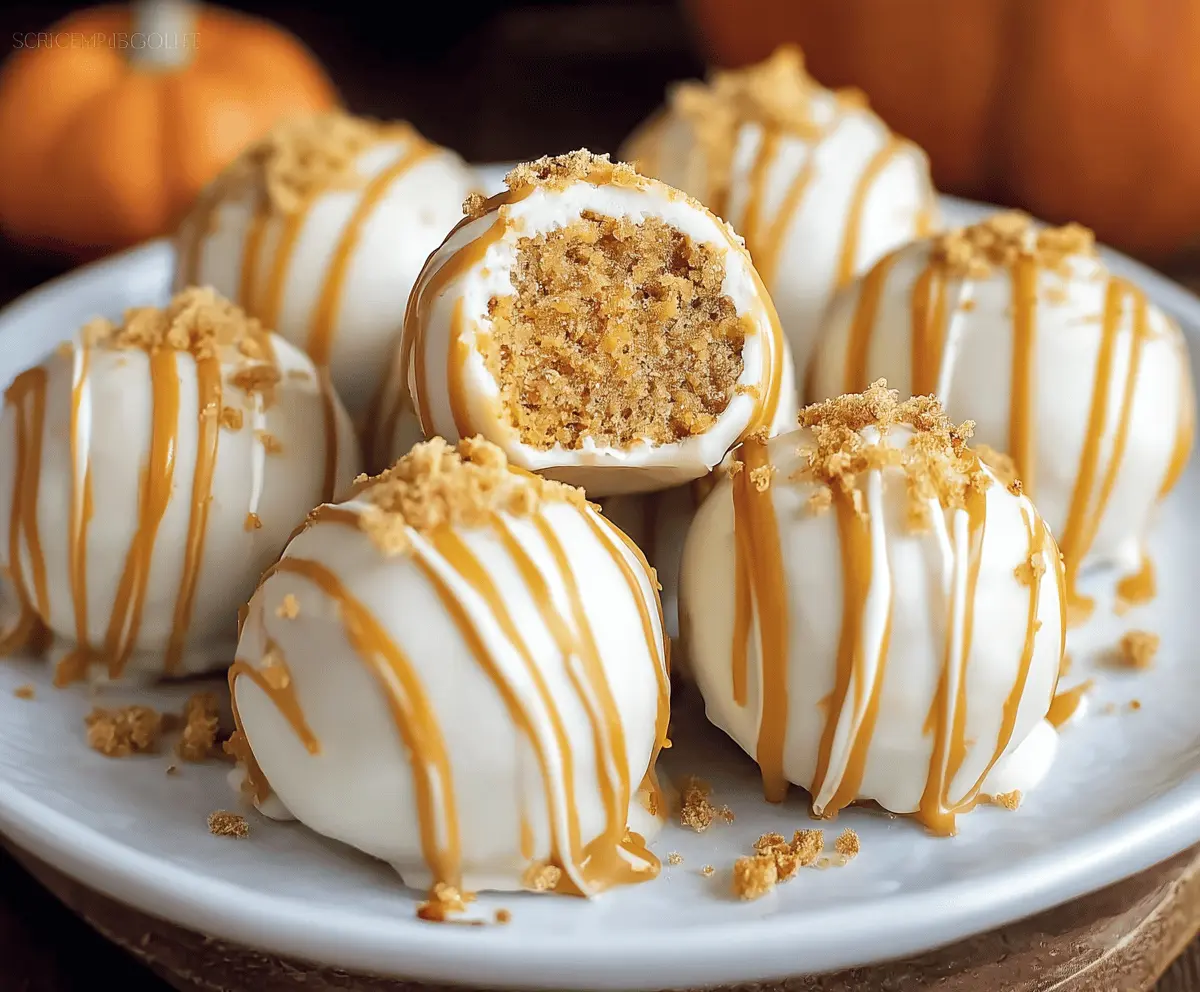 No-bake pumpkin cheesecake balls rolled in crushed graham and white chocolate