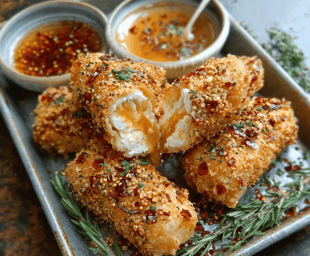 Oven Fried Feta Rolls with Chili Honey