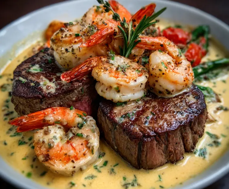 Indulge in Filet Mignon with Shrimp and Lobster Cream Sauce