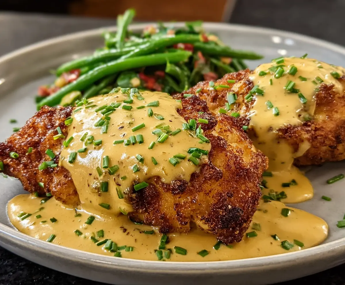 Easy Pretzel Chicken with Tangy Mustard-Cheddar Sauce