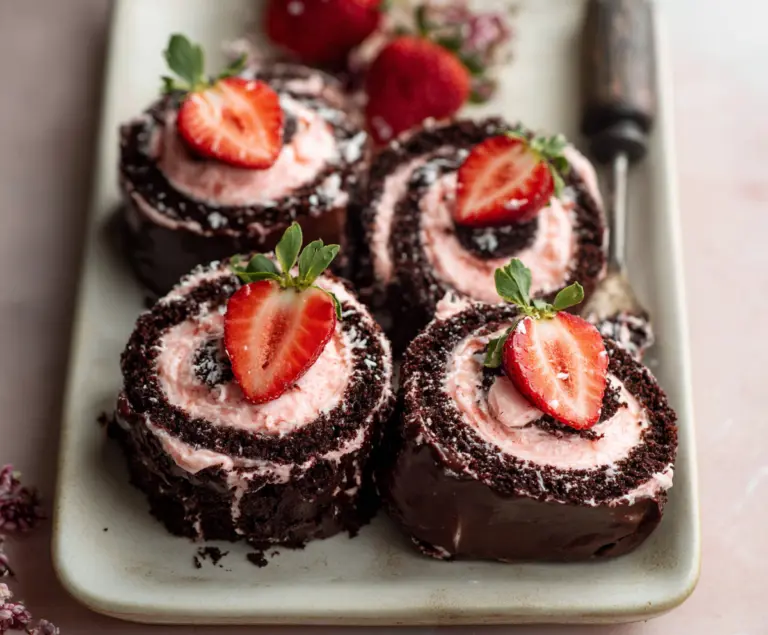 Chocolate Rolls with Strawberry Cream Cheese Frosting
