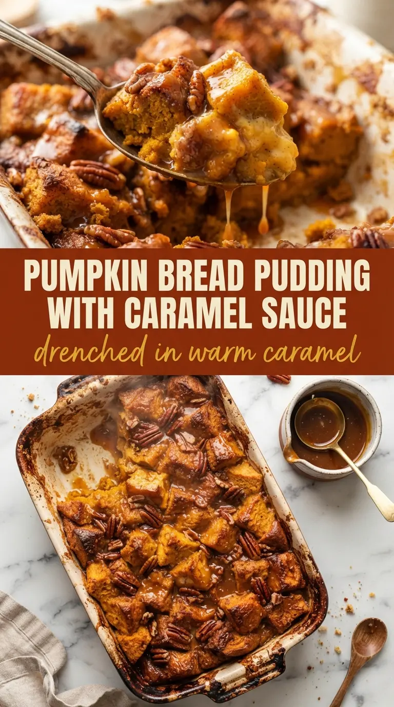 Baked pumpkin bread pudding with caramel sauce, custardy, golden, spiced
