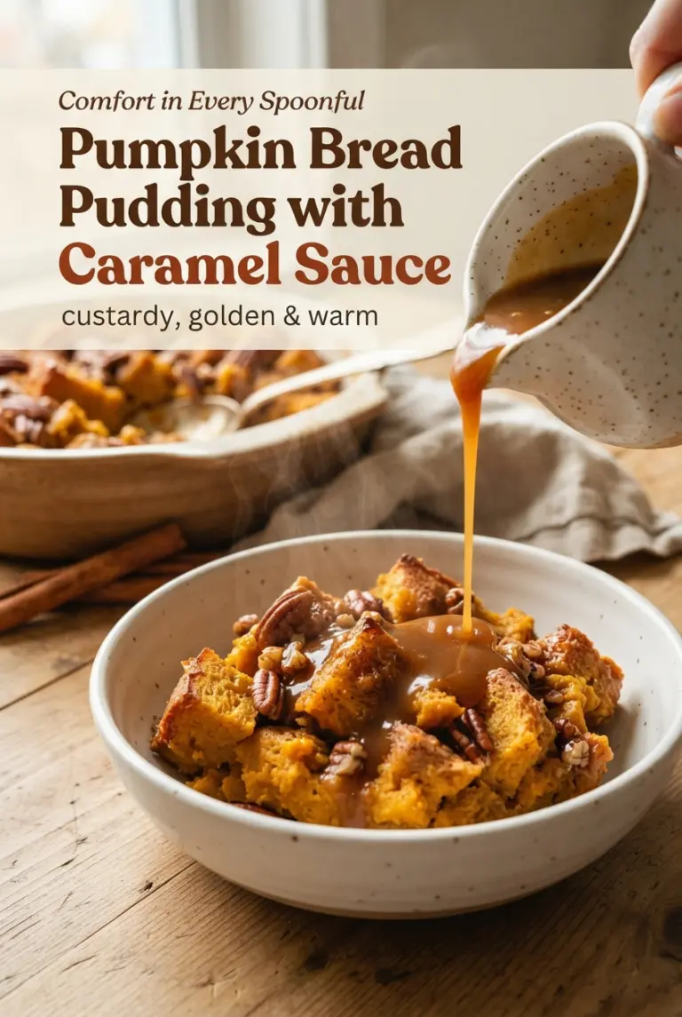 Baked Pumpkin Bread Pudding with Caramel Sauce