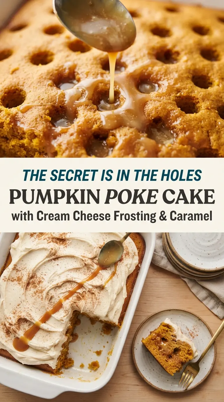 Caramel Pumpkin Poke Cake with Cream Cheese Frosting gooey pumpkin caramel