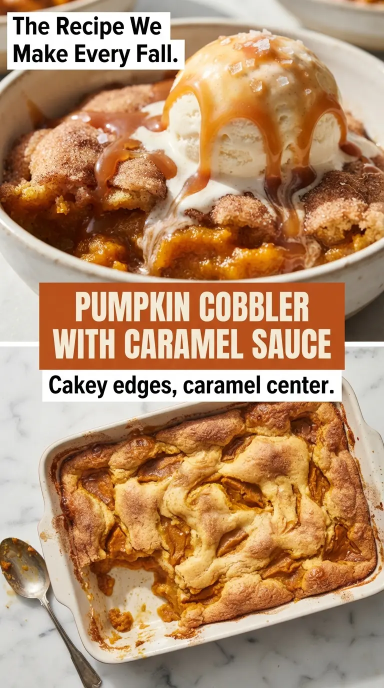 Magic Pumpkin Cobbler with Salted Caramel Sauce, spiced, gooey, golden