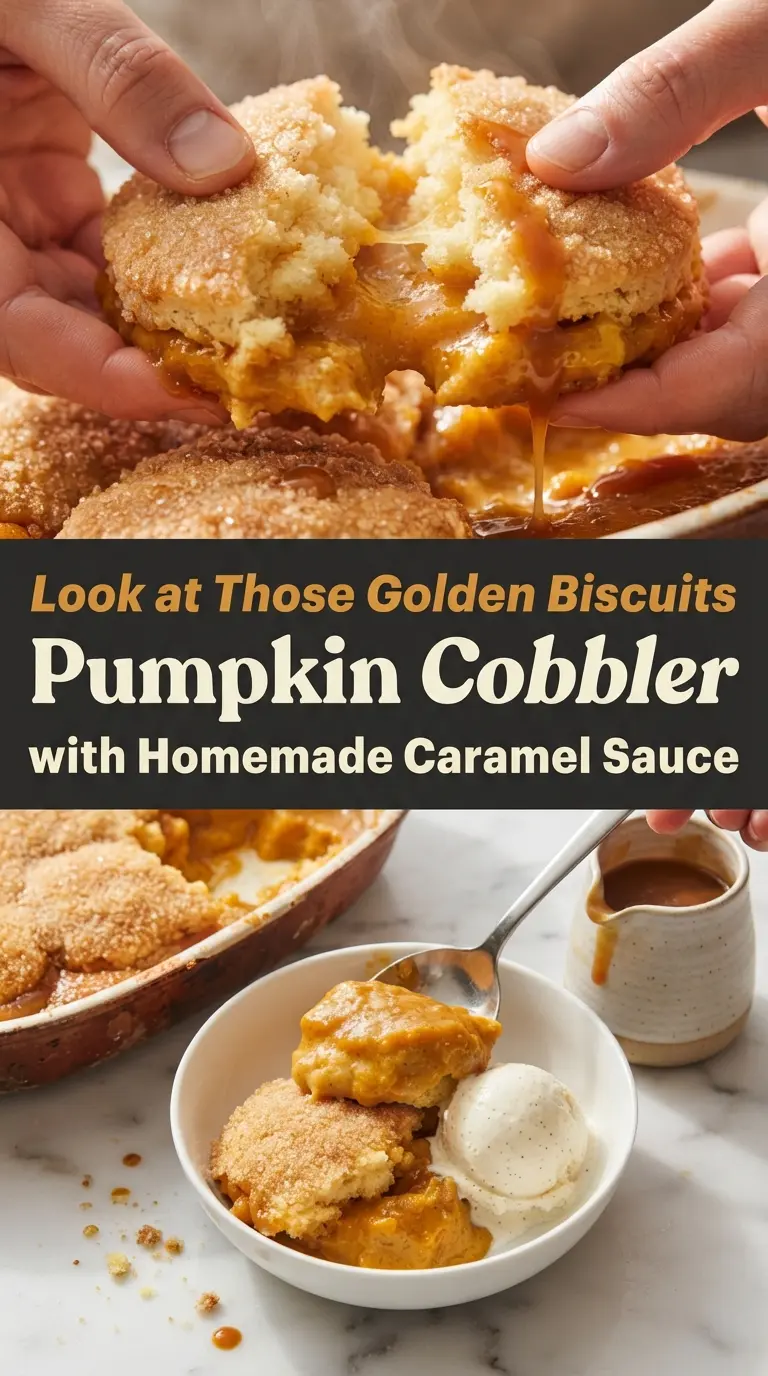 Old-Fashioned Pumpkin Cobbler with Biscuit Topping and Caramel Sauce pumpkin dessert caramel