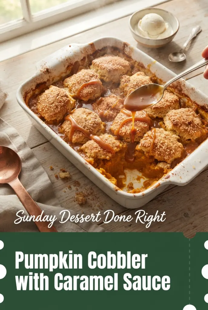 Old-Fashioned Pumpkin Cobbler with Biscuit Topping and Caramel Sauce