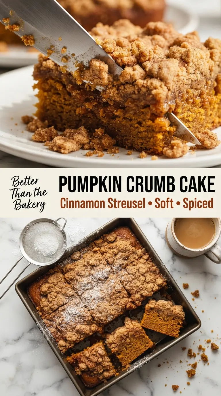 Pumpkin crumb cake with cinnamon streusel, moist and bakery-style