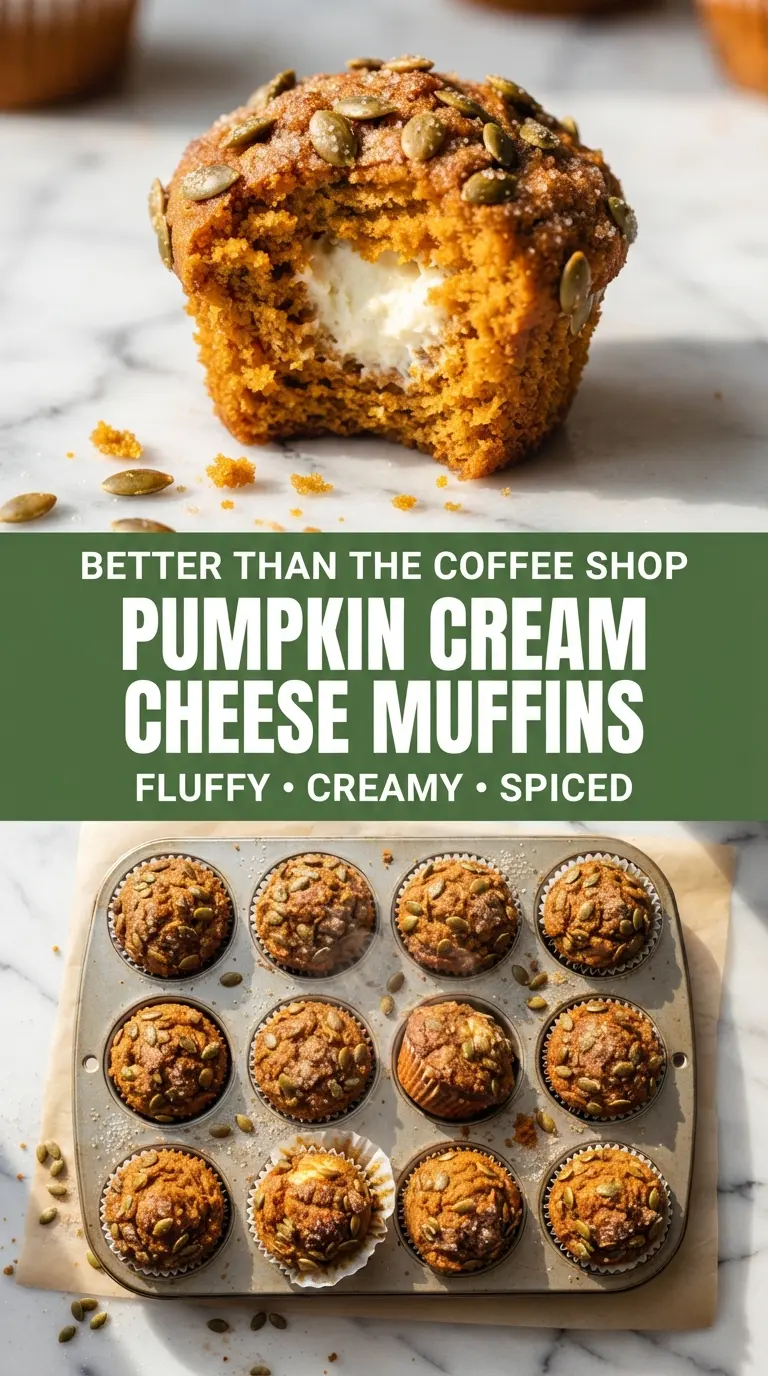 Soft pumpkin cream cheese muffins, creamy center, crunchy pepita topping