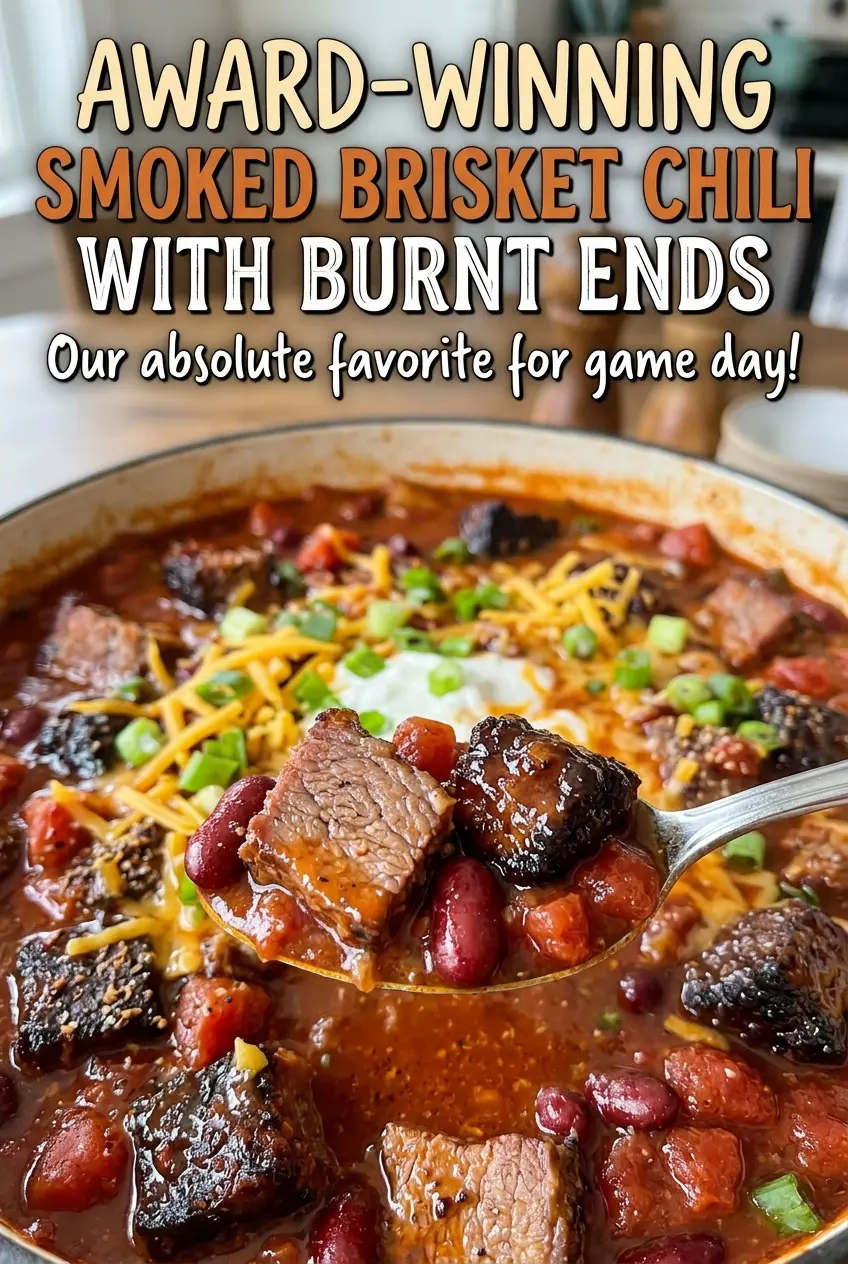 Award-winning smoked brisket chili with glossy, browned burnt ends