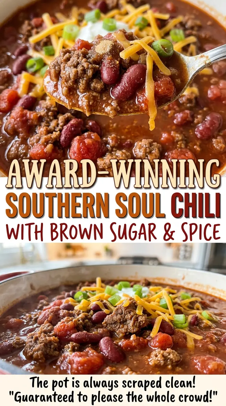 Southern soul chili with brown sugar, spicy and hearty