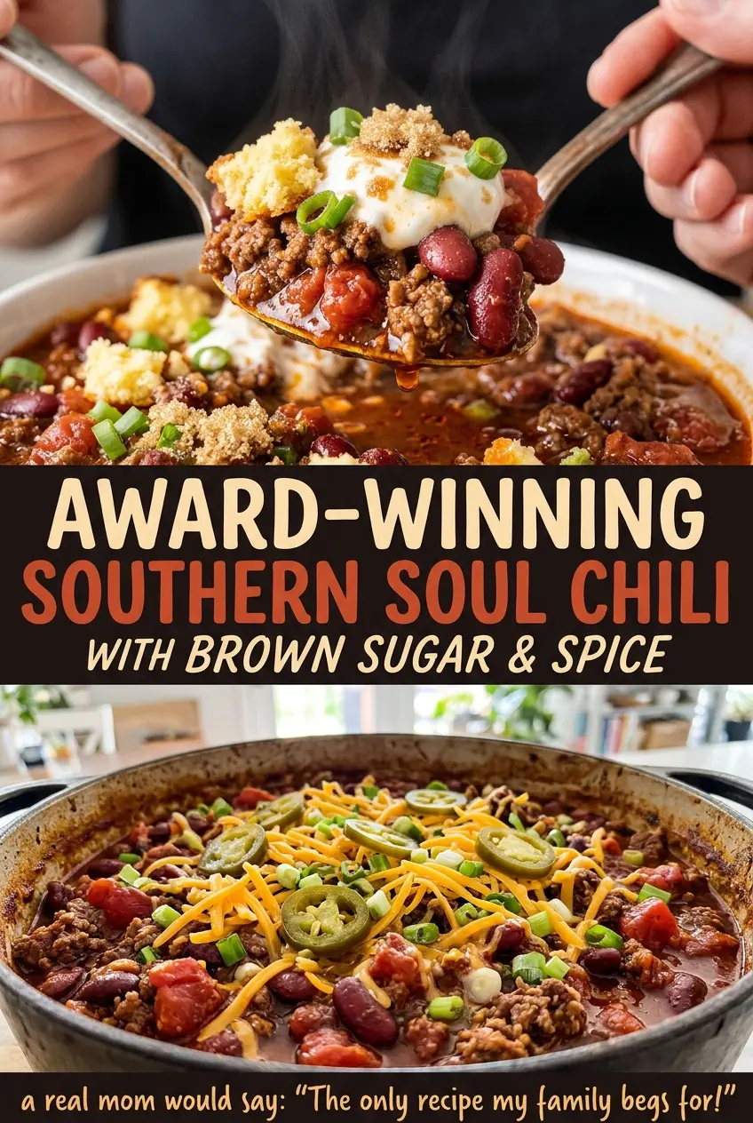 Award-winning Southern soul chili with brown sugar, hearty and thick