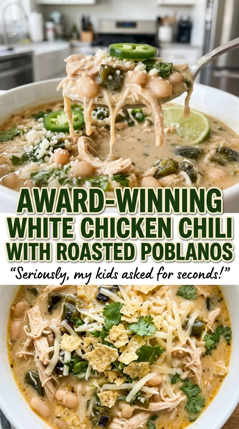 Award-Winning White Chicken Chili with Roasted Poblanos, smoky and hearty