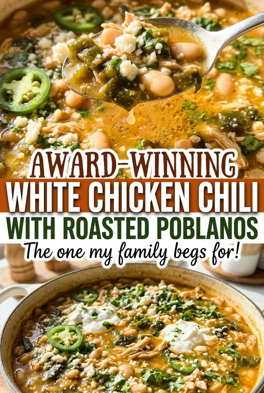 Award-Winning White Chicken Chili with Roasted Poblanos, creamy and peppery