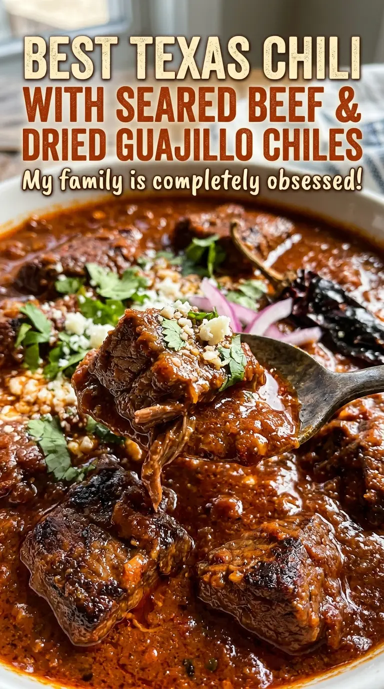 Best Texas chili with seared beef and dried guajillo chiles, tender beef and smooth sauce