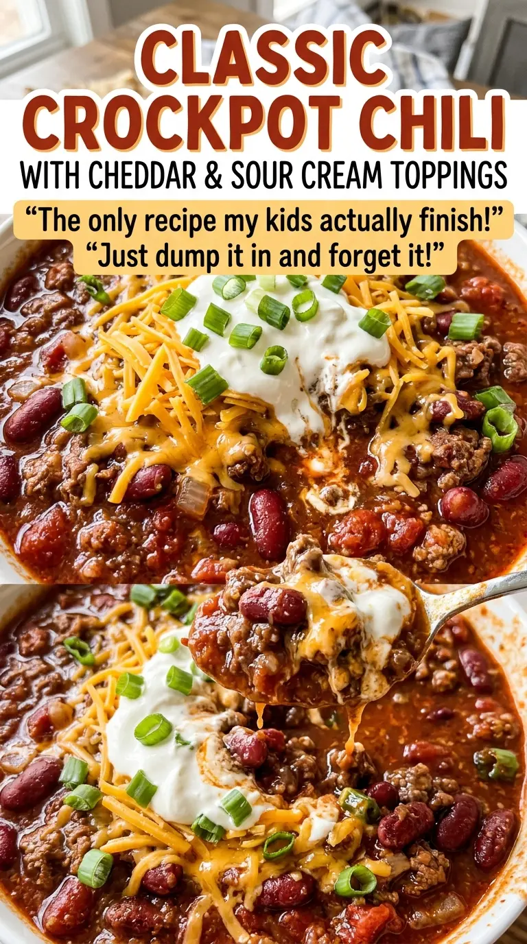 Classic crockpot chili with cheddar and sour cream, rich tomato and bean texture