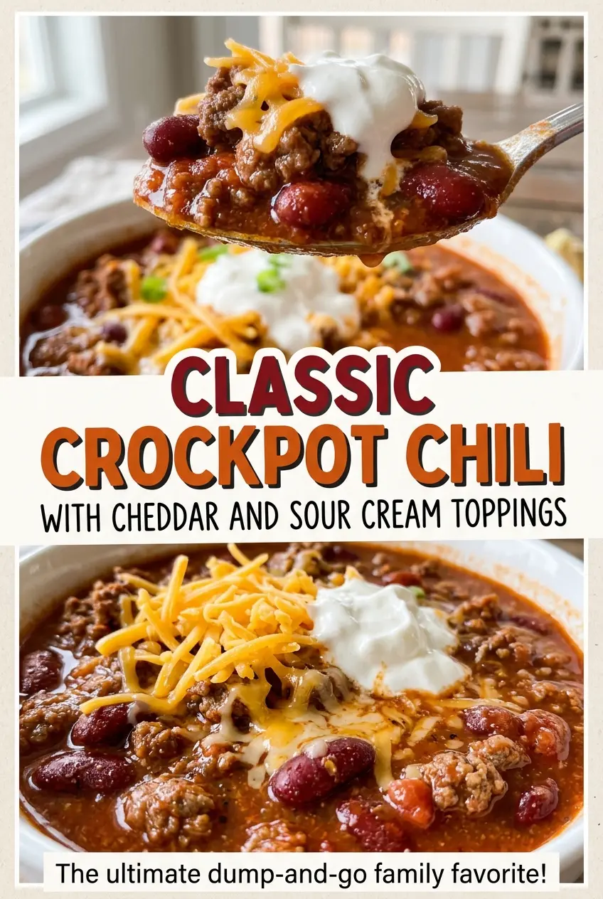 Classic crockpot chili with cheddar and sour cream, hearty bean-filled bowls