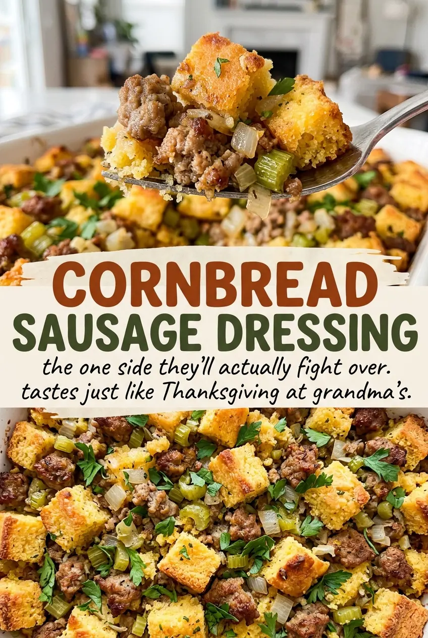 Cornbread Sausage Dressing golden baked top