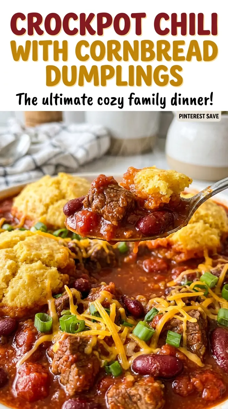 Crockpot Chili with Cornbread Dumplings golden tender topping