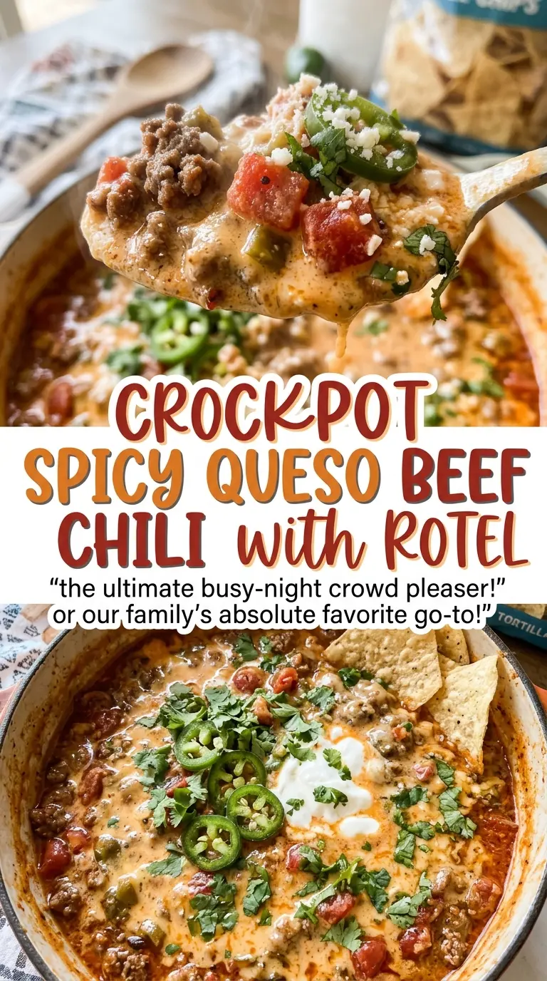 Crockpot Spicy Queso Beef Chili with Rotel, creamy slow-cooked