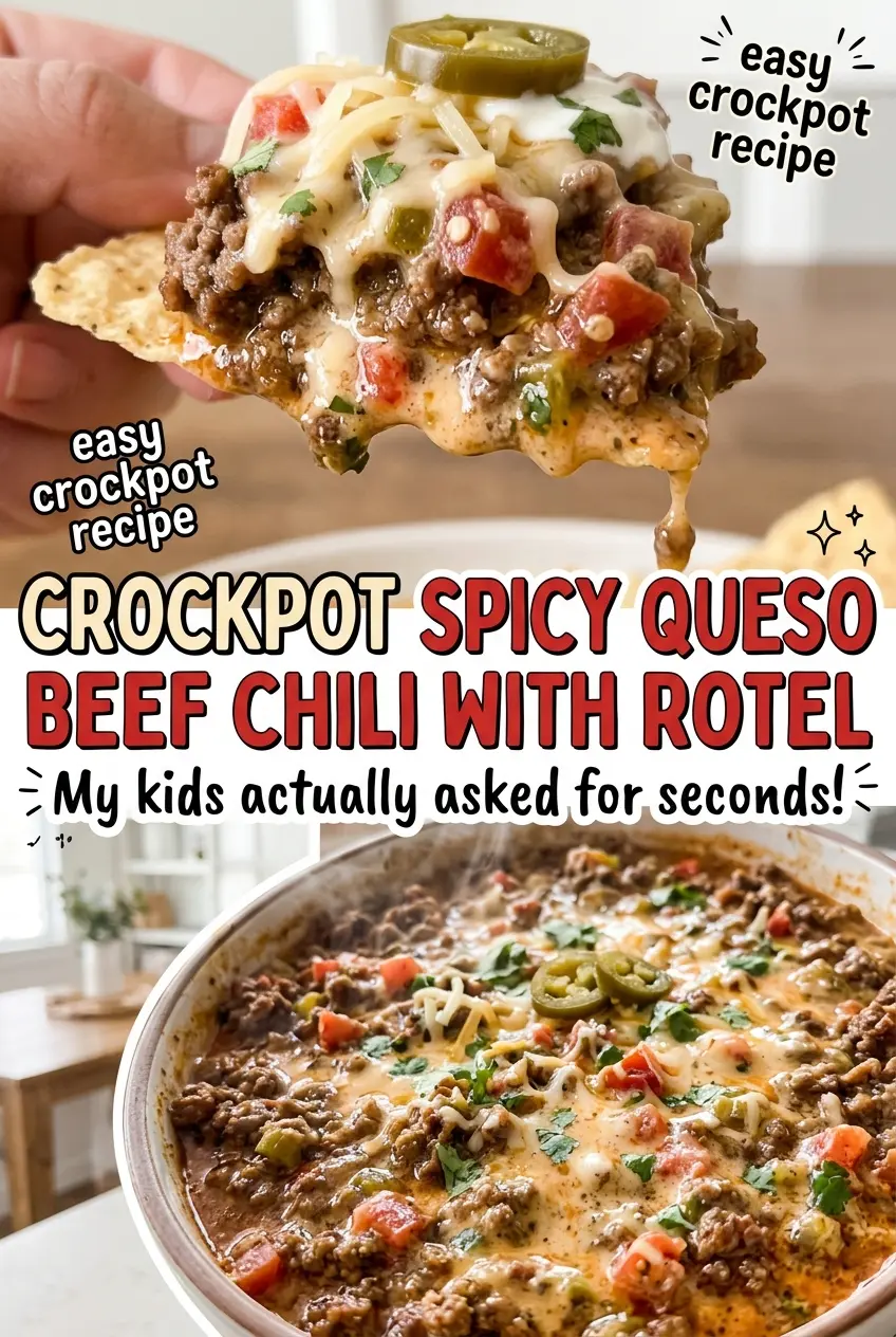 Crockpot Spicy Queso Beef Chili with Rotel, creamy slow-cooked