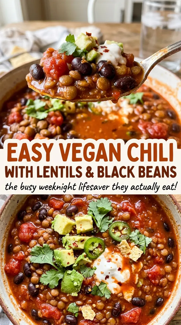 Easy vegan chili with lentils and black beans, rich and chunky