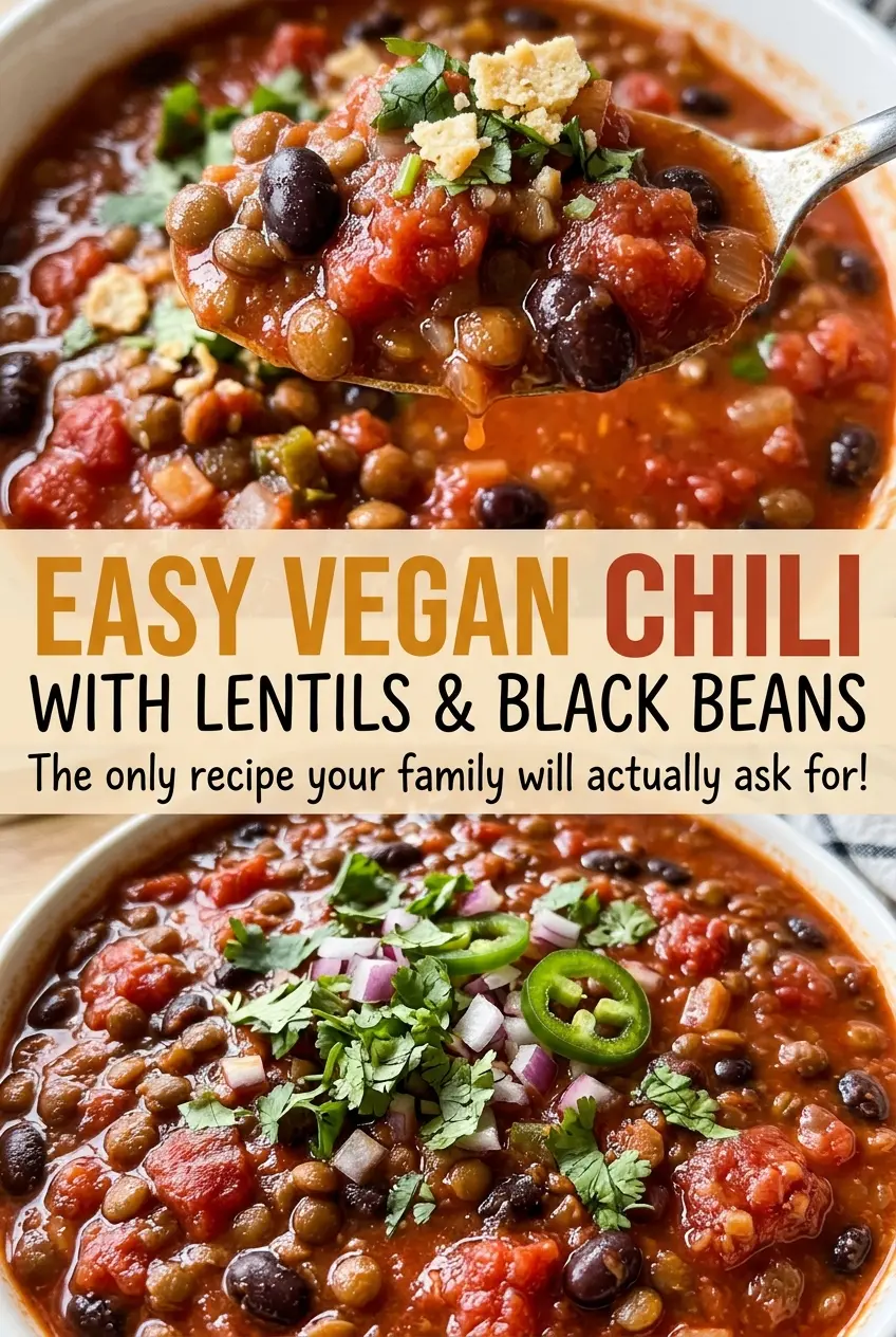 Easy vegan chili with lentils and black beans, thick and hearty