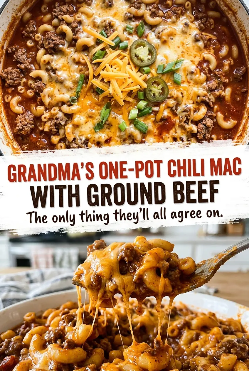 Grandma's One-Pot Chili Mac with Ground Beef, saucy and cheesy