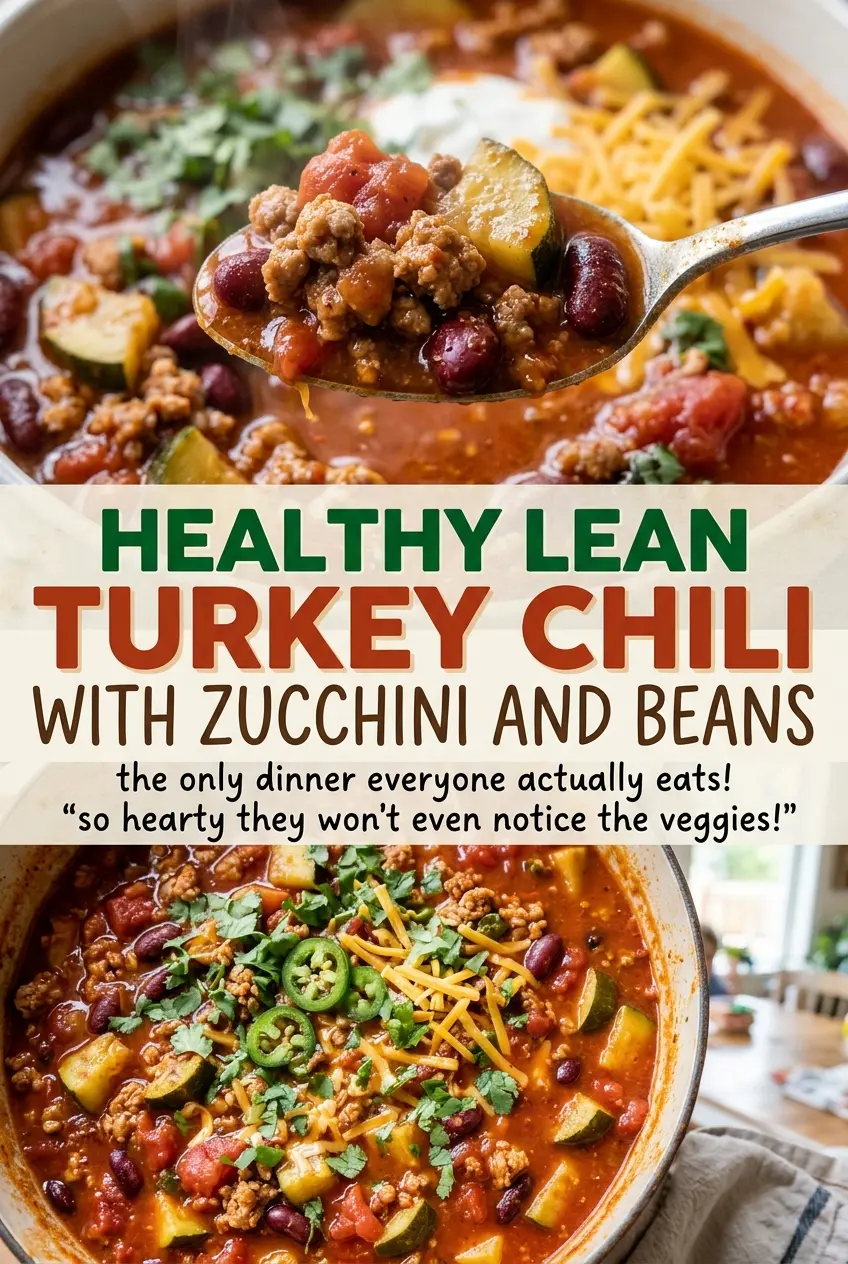 Healthy Lean Turkey Chili with Zucchini and Beans, hearty tomato-rich bowl