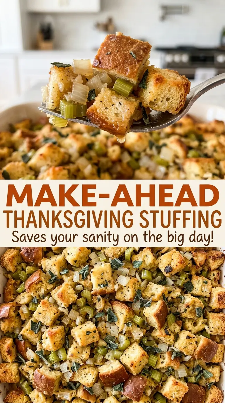 Make-Ahead Thanksgiving Stuffing crisp golden top