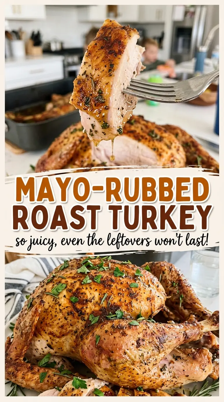 Mayo-Rubbed Roast Turkey carved juicy slices