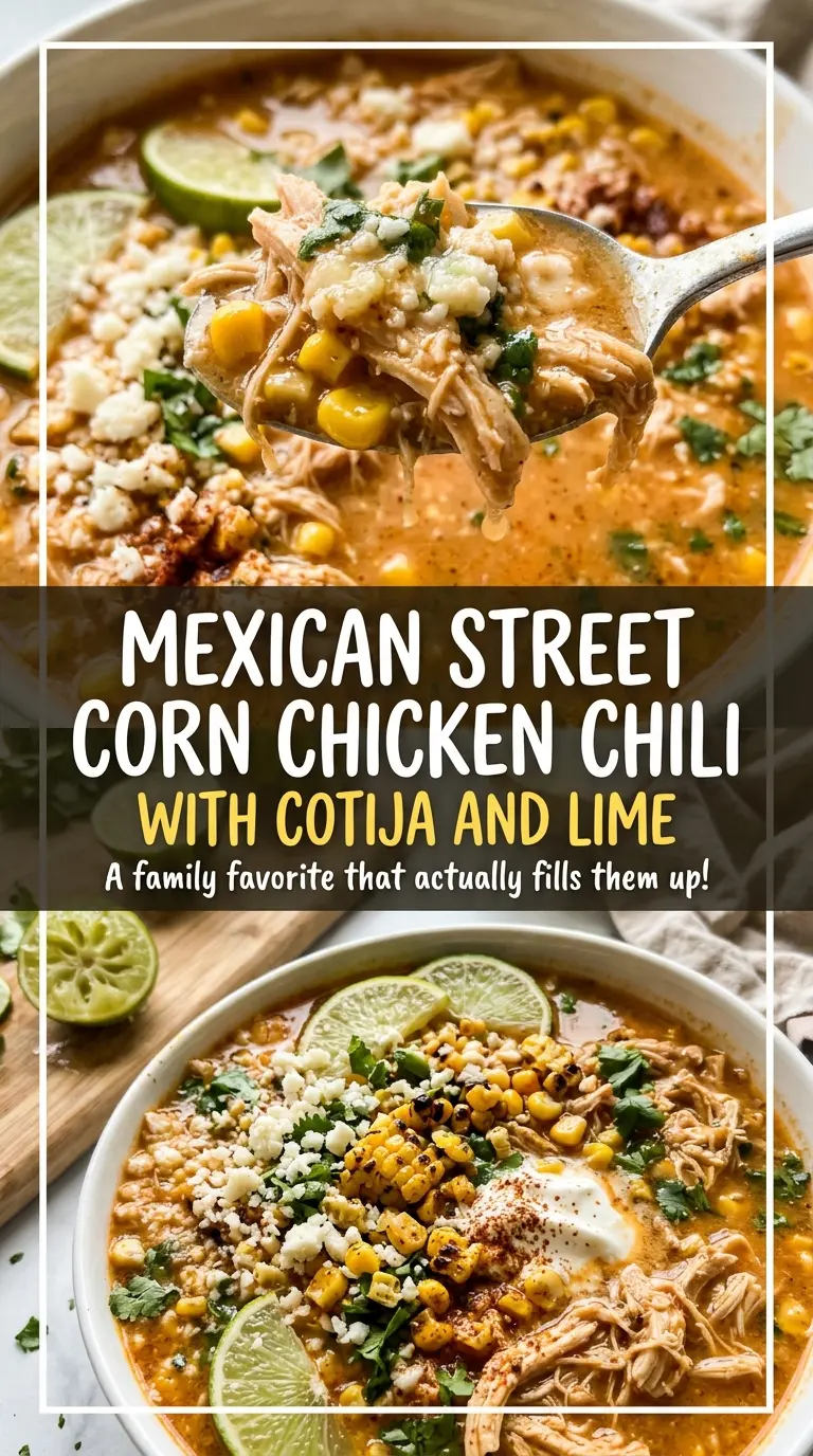 Mexican Street Corn Chicken Chili with Cotija and Lime, creamy, charred, hearty