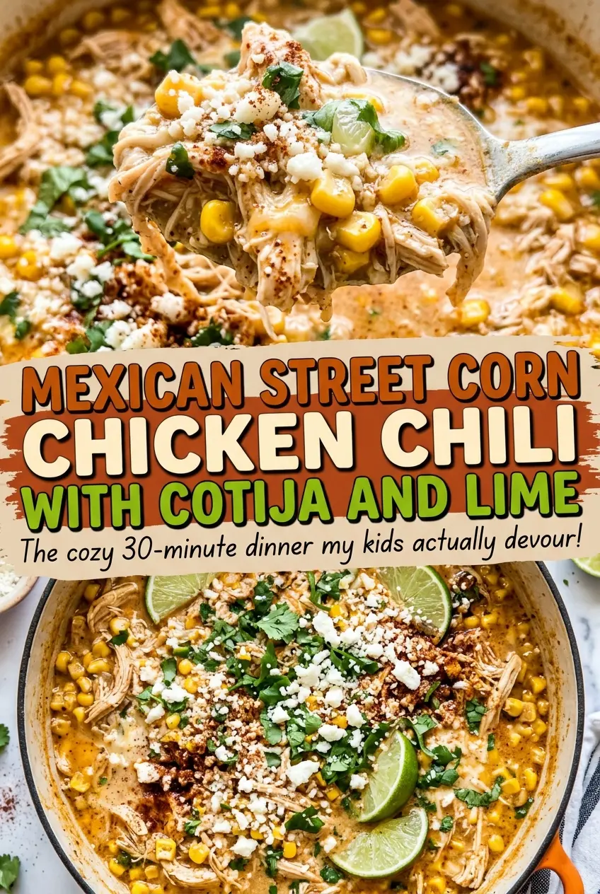 Mexican Street Corn Chicken Chili with Cotija and Lime, creamy, charred, hearty