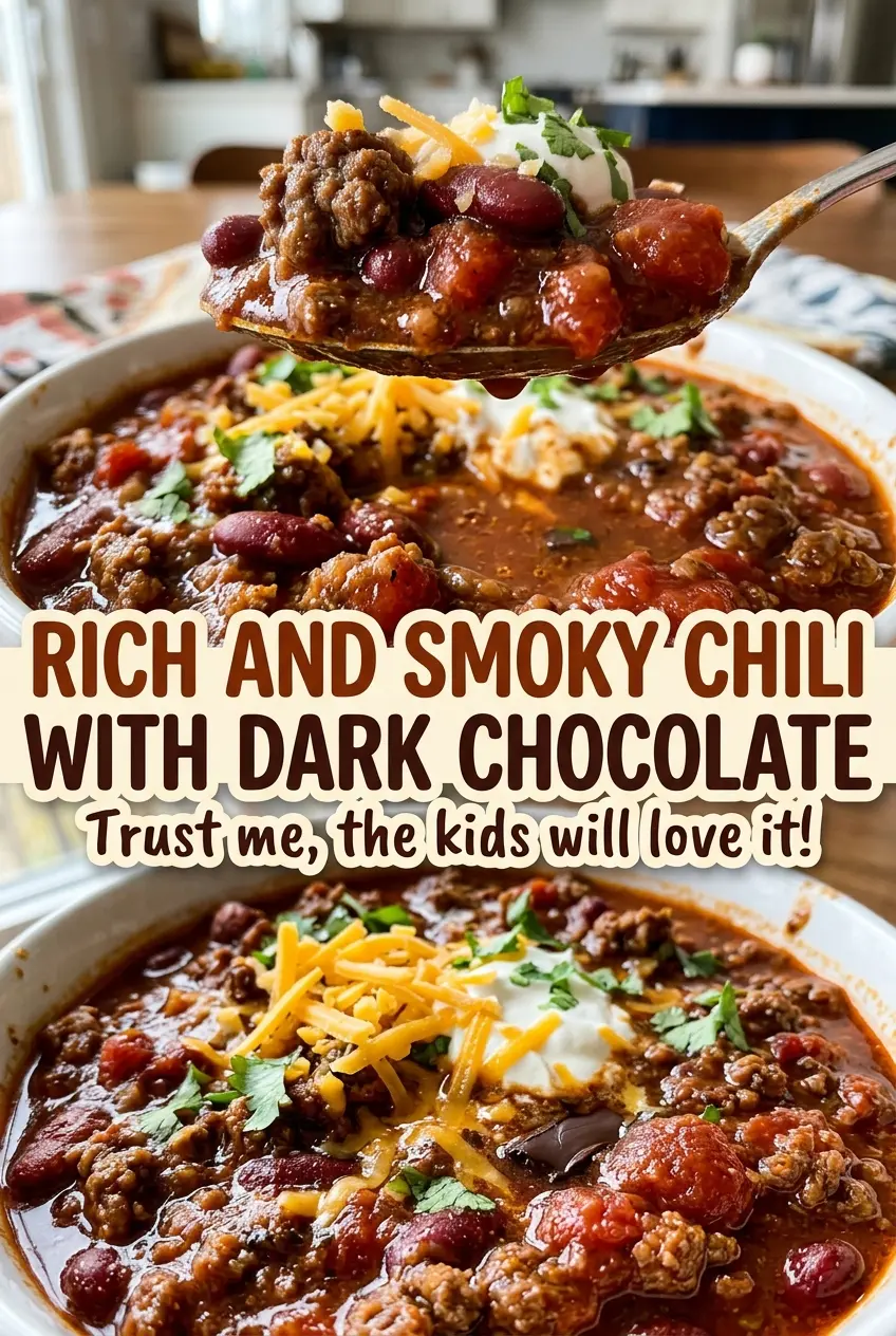 Rich and Smoky Chili with Dark Chocolate, thick hearty bowl