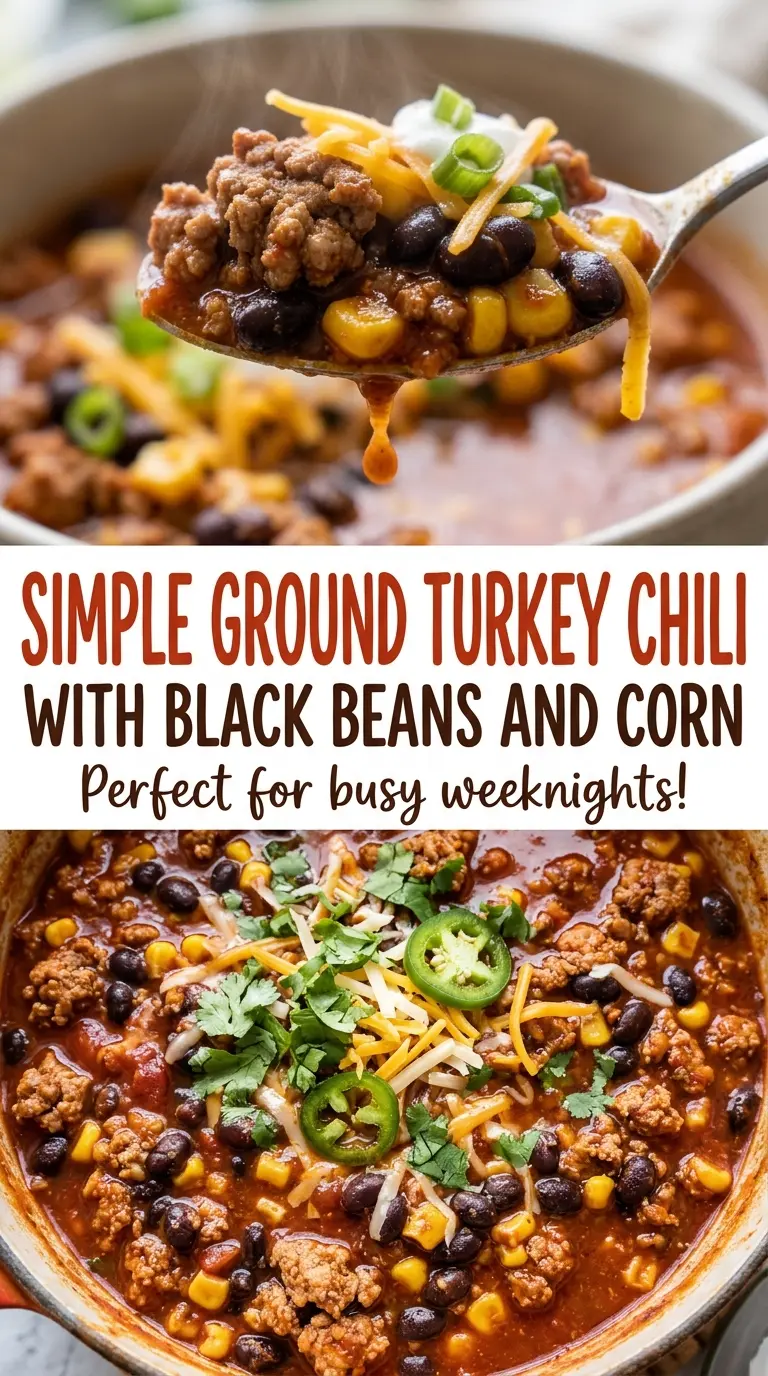 Simple ground turkey chili with black beans and corn, thick bean-packed chili