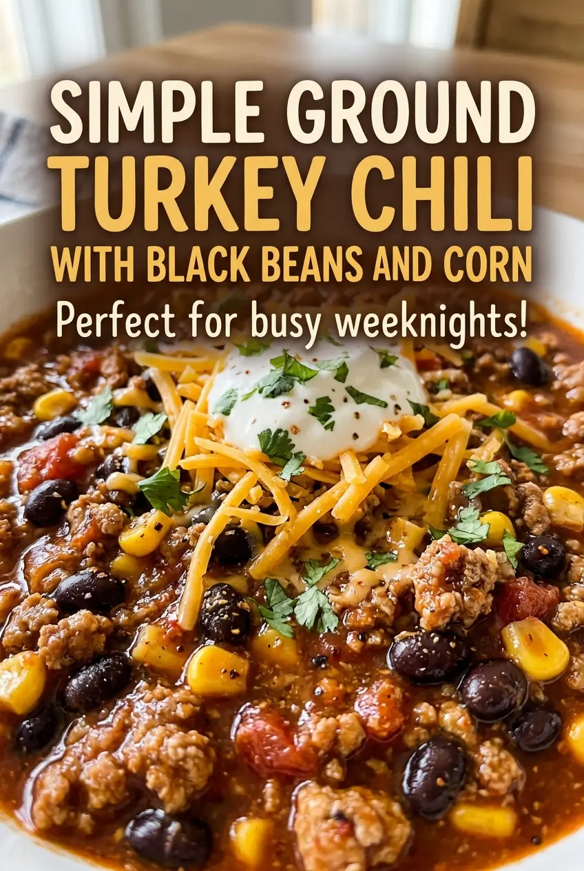 Simple ground turkey chili with black beans and corn, thick and hearty