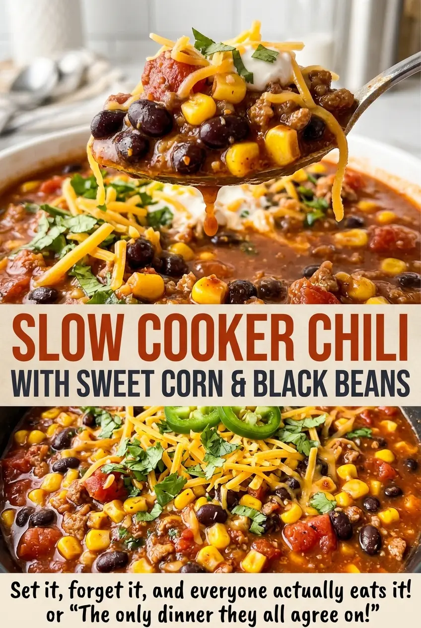 Slow Cooker Chili with Sweet Corn and Black Beans, hearty and colorful