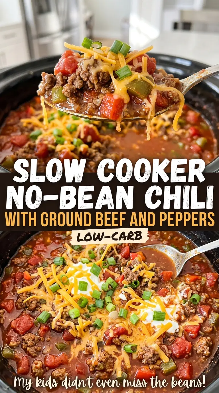Slow Cooker No-Bean Chili with Ground Beef and Peppers, tender and thick