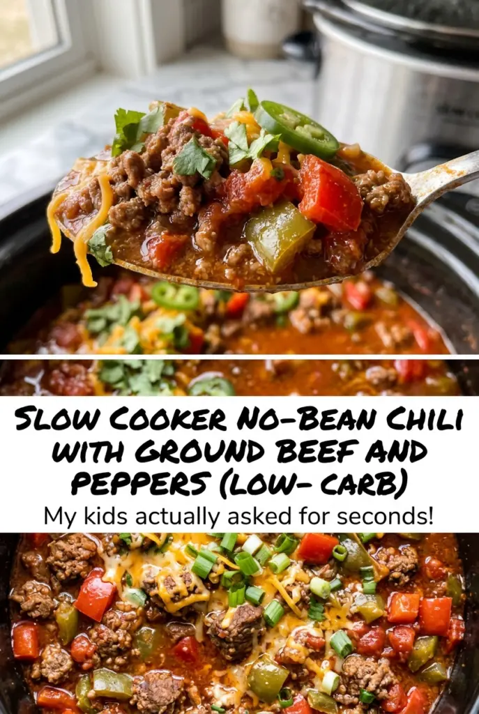 Slow Cooker No-Bean Chili with Ground Beef and Peppers (Low-Carb)