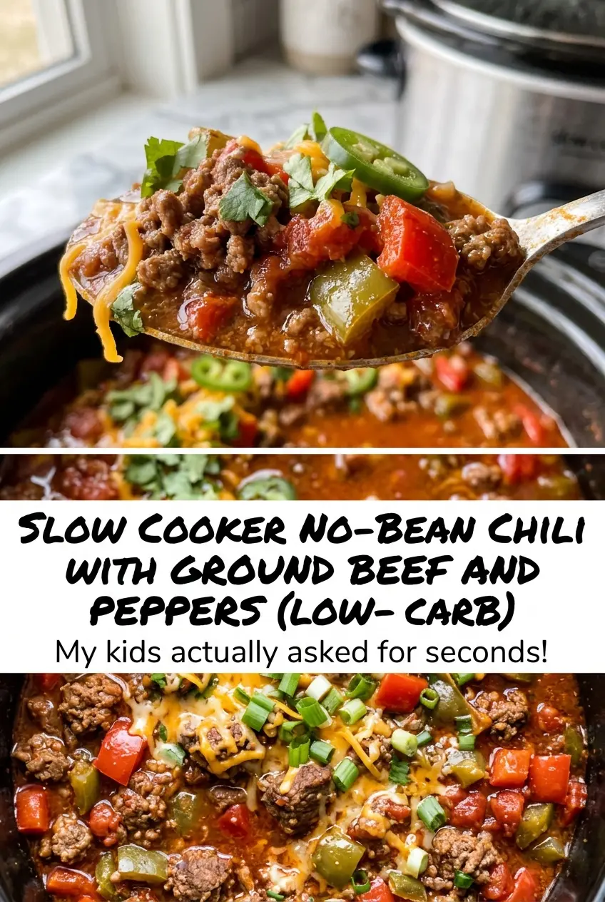 Slow Cooker No-Bean Chili with Ground Beef and Peppers, hearty and colorful