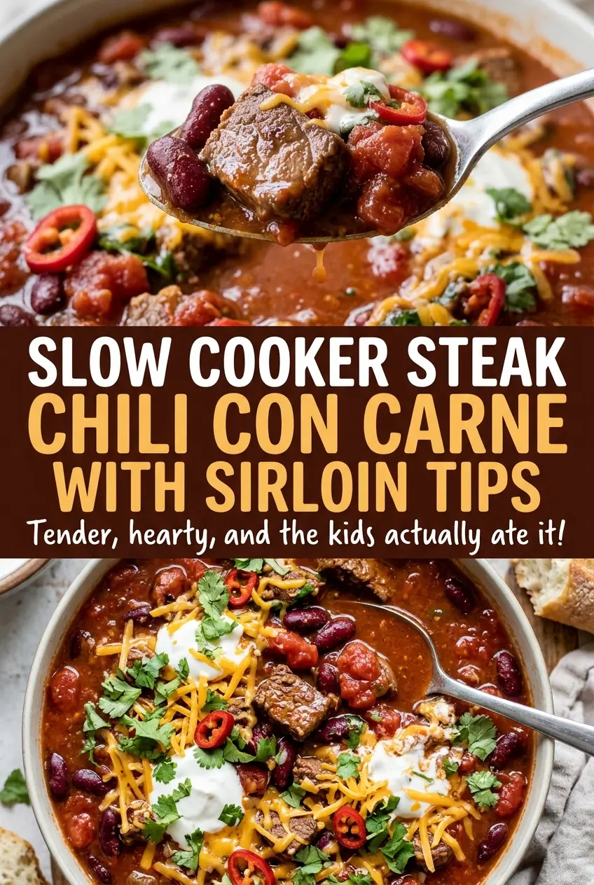 Slow Cooker Steak Chili con Carne, tender beef