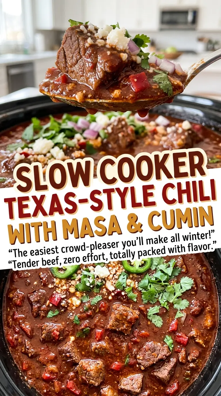 Slow Cooker Texas-Style Chili with Masa and Cumin, tender beef chili