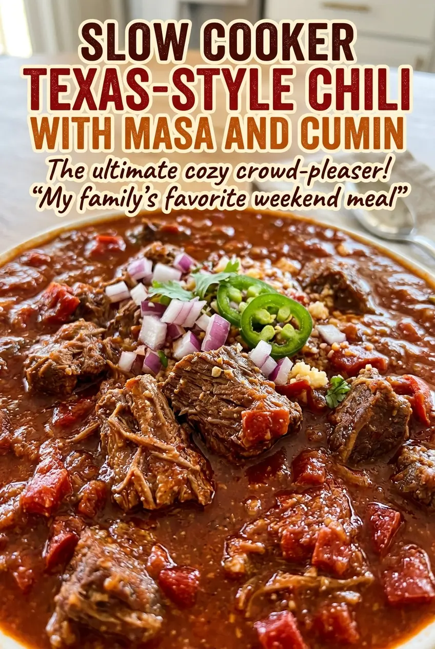 Slow Cooker Texas-Style Chili with Masa and Cumin, tender beef chili
