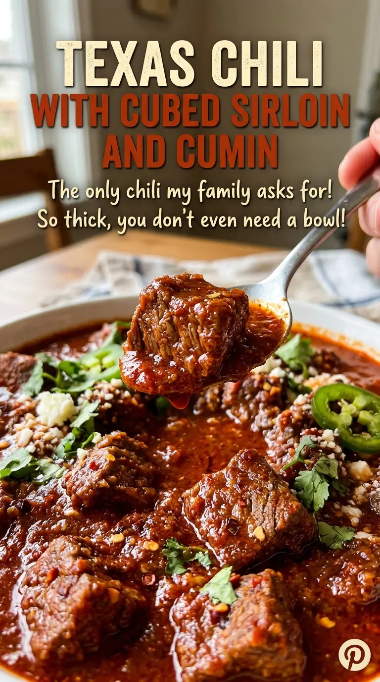 Texas chili with cubed sirloin and cumin, deep red and hearty