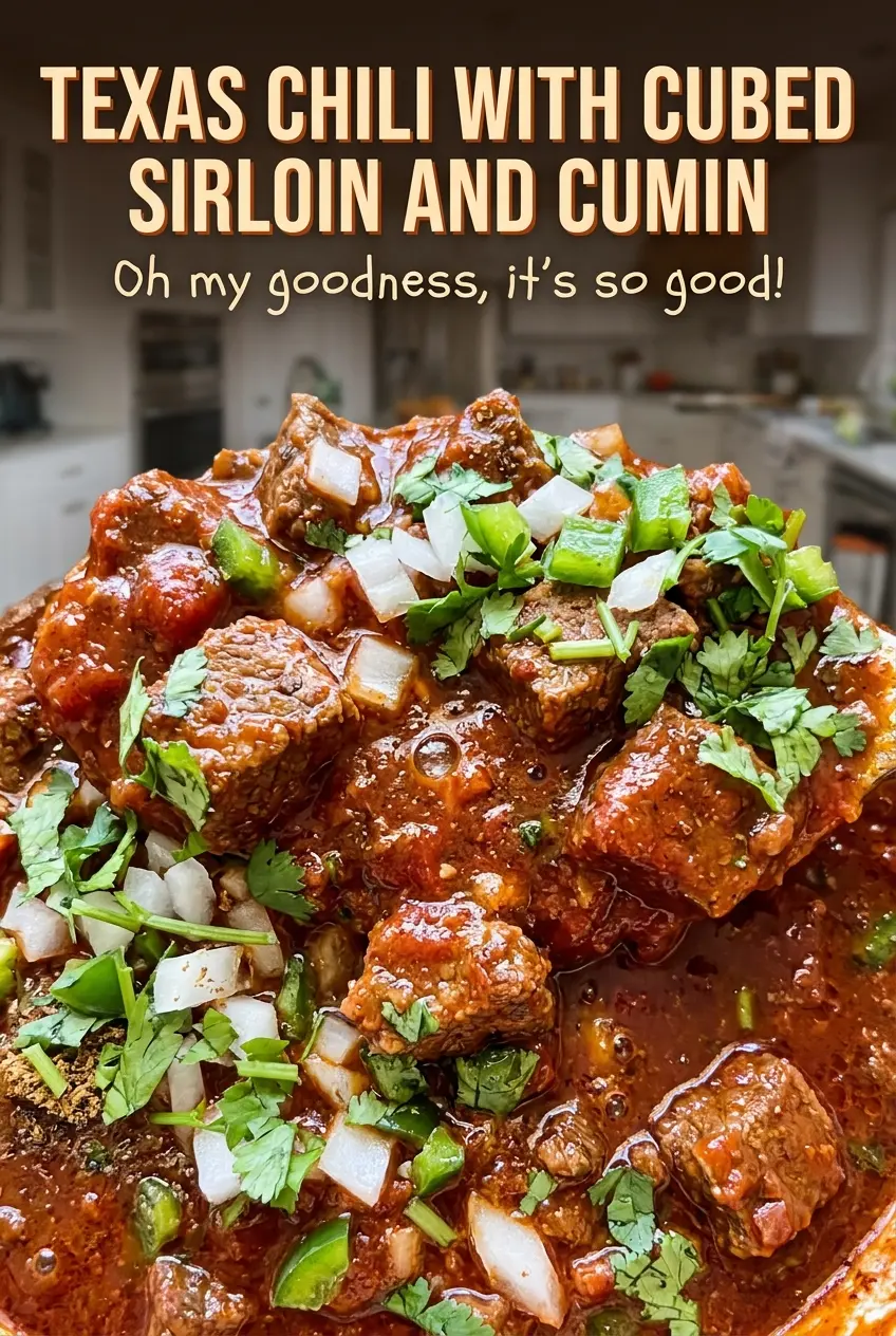Texas chili with cubed sirloin and cumin, deep red and hearty