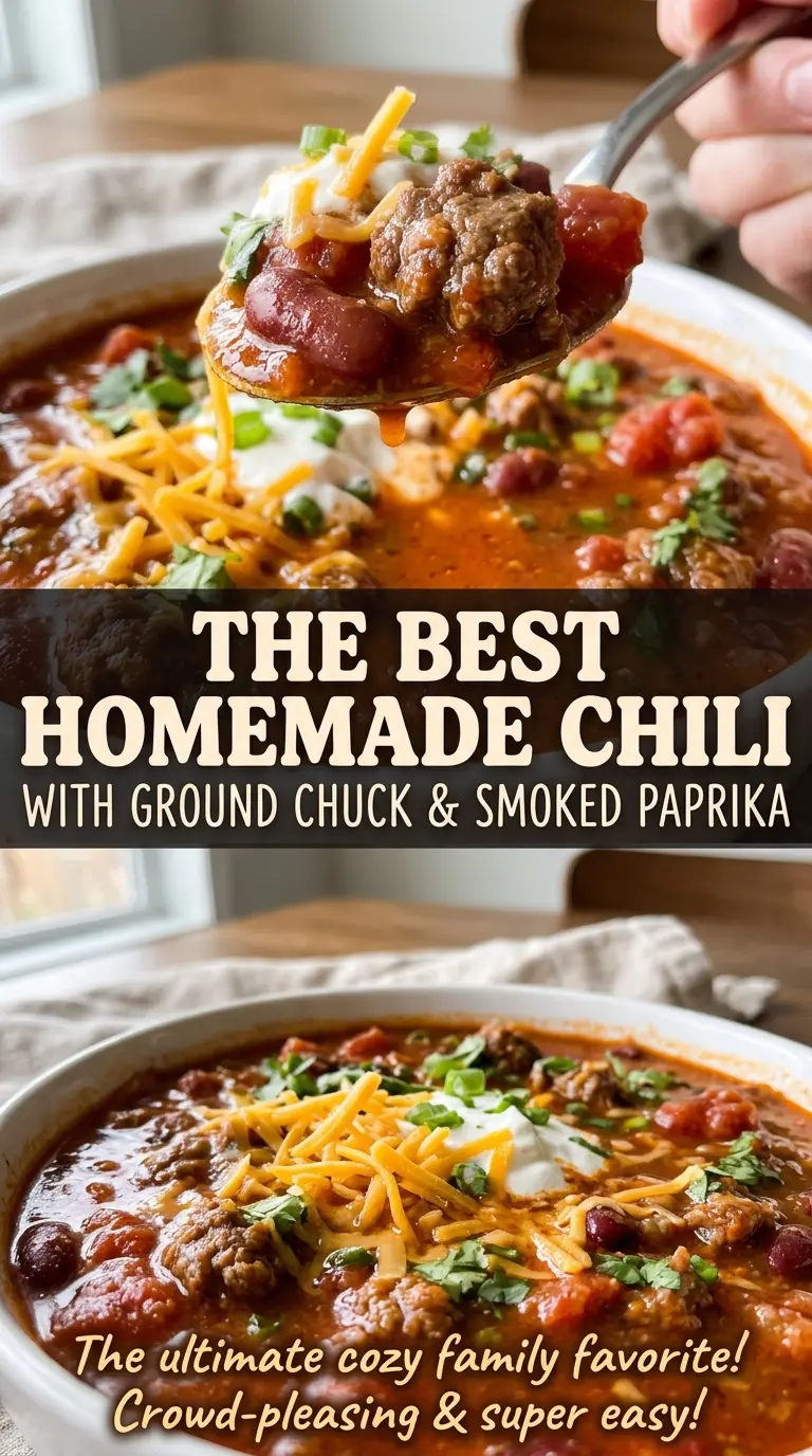 Homemade chili with ground chuck and smoked paprika, hearty and chunky