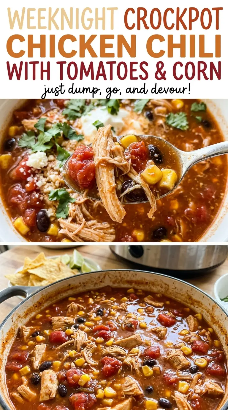 Weeknight Crockpot Chicken Chili with Tomatoes and Corn, tender chicken and beans