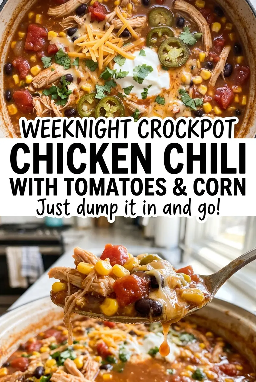 Weeknight Crockpot Chicken Chili with Tomatoes and Corn, hearty colorful chili